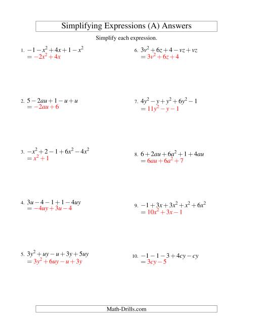 The Simplifying Algebraic Expressions with Two Variables and Five Terms (Addition and Subtraction) (A) Math Worksheet Page 2