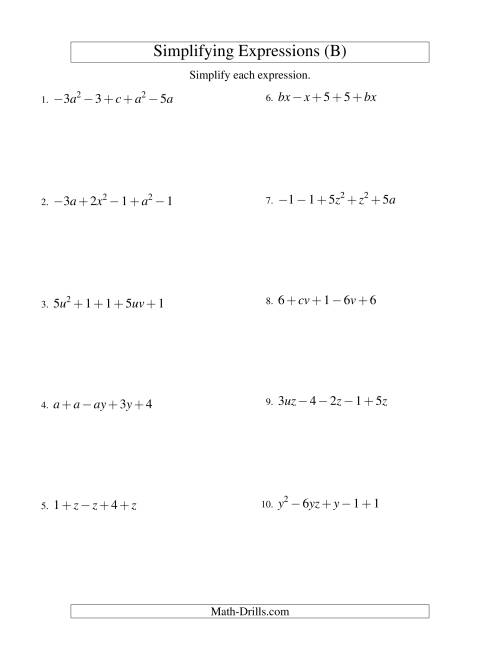 The Simplifying Algebraic Expressions with Two Variables and Five Terms (Addition and Subtraction) (B) Math Worksheet