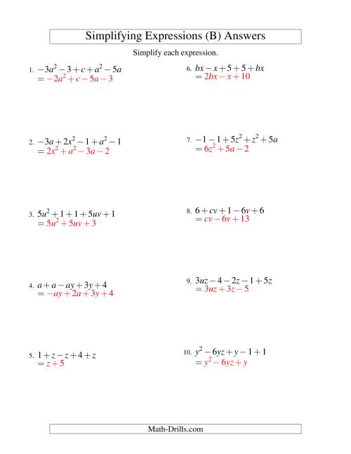 The Simplifying Algebraic Expressions with Two Variables and Five Terms (Addition and Subtraction) (B) Math Worksheet Page 2