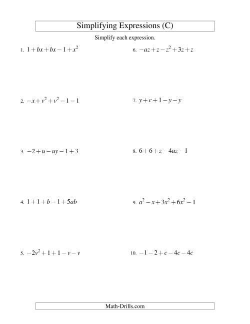 The Simplifying Algebraic Expressions with Two Variables and Five Terms (Addition and Subtraction) (C) Math Worksheet