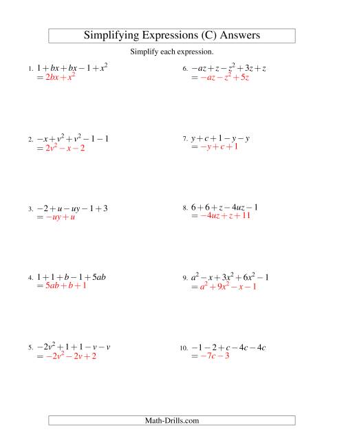 The Simplifying Algebraic Expressions with Two Variables and Five Terms (Addition and Subtraction) (C) Math Worksheet Page 2