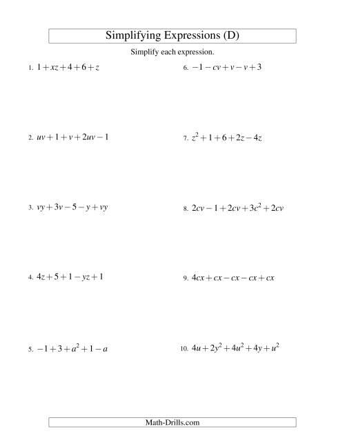 The Simplifying Algebraic Expressions with Two Variables and Five Terms (Addition and Subtraction) (D) Math Worksheet