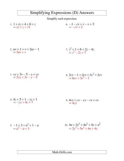 The Simplifying Algebraic Expressions with Two Variables and Five Terms (Addition and Subtraction) (D) Math Worksheet Page 2
