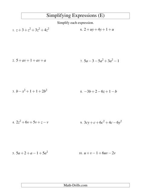 The Simplifying Algebraic Expressions with Two Variables and Five Terms (Addition and Subtraction) (E) Math Worksheet