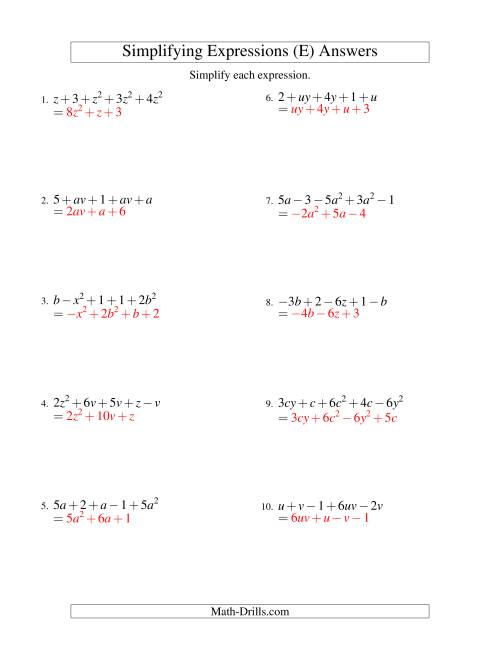 The Simplifying Algebraic Expressions with Two Variables and Five Terms (Addition and Subtraction) (E) Math Worksheet Page 2
