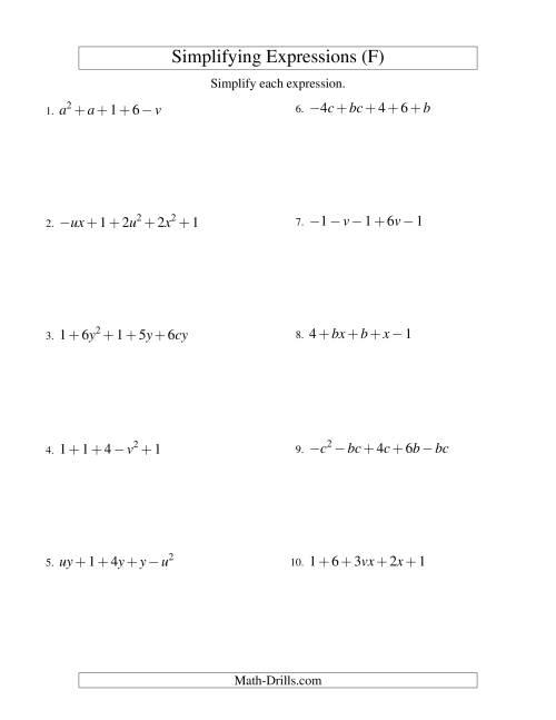 The Simplifying Algebraic Expressions with Two Variables and Five Terms (Addition and Subtraction) (F) Math Worksheet