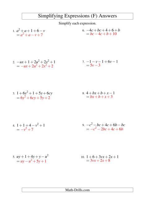 The Simplifying Algebraic Expressions with Two Variables and Five Terms (Addition and Subtraction) (F) Math Worksheet Page 2