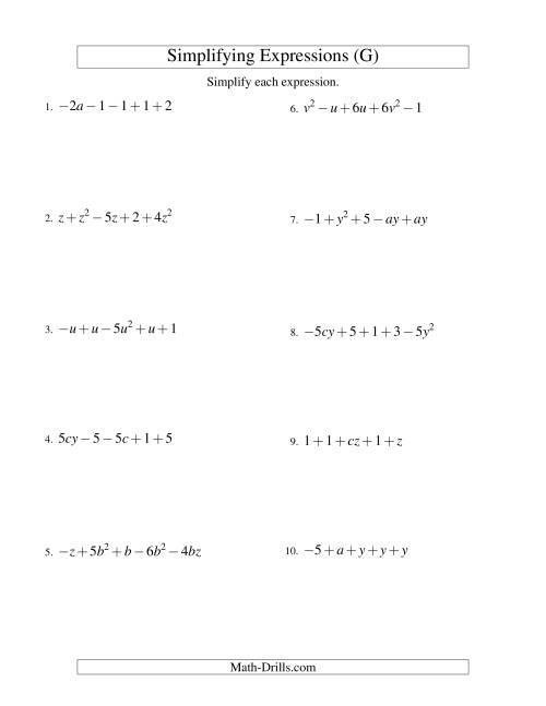 The Simplifying Algebraic Expressions with Two Variables and Five Terms (Addition and Subtraction) (G) Math Worksheet