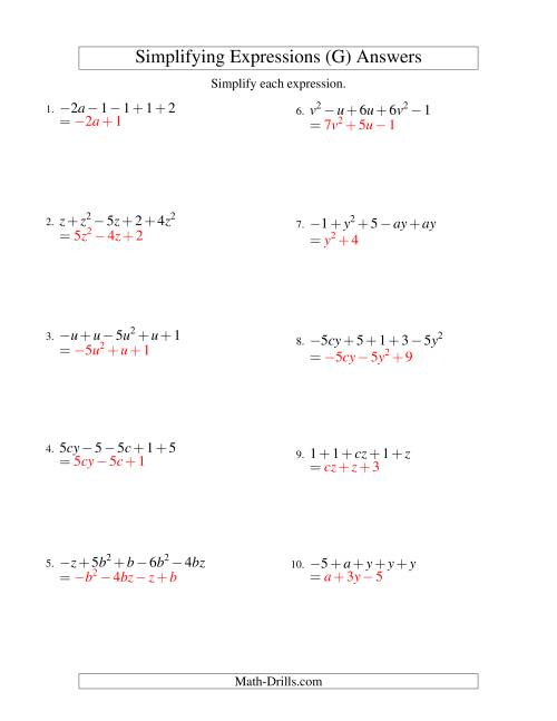 The Simplifying Algebraic Expressions with Two Variables and Five Terms (Addition and Subtraction) (G) Math Worksheet Page 2