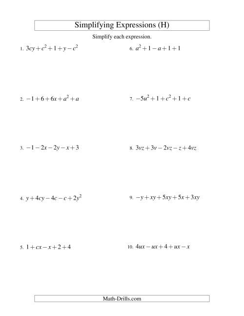 The Simplifying Algebraic Expressions with Two Variables and Five Terms (Addition and Subtraction) (H) Math Worksheet