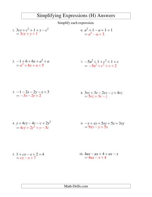 The Simplifying Algebraic Expressions with Two Variables and Five Terms (Addition and Subtraction) (H) Math Worksheet Page 2