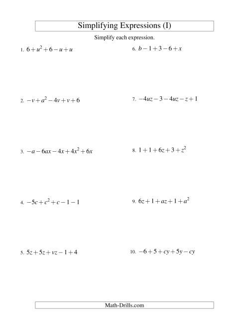 The Simplifying Algebraic Expressions with Two Variables and Five Terms (Addition and Subtraction) (I) Math Worksheet