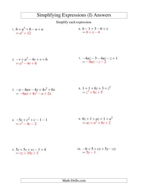 The Simplifying Algebraic Expressions with Two Variables and Five Terms (Addition and Subtraction) (I) Math Worksheet Page 2