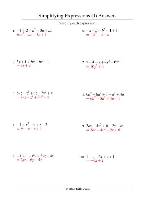 The Simplifying Algebraic Expressions with Two Variables and Five Terms (Addition and Subtraction) (J) Math Worksheet Page 2