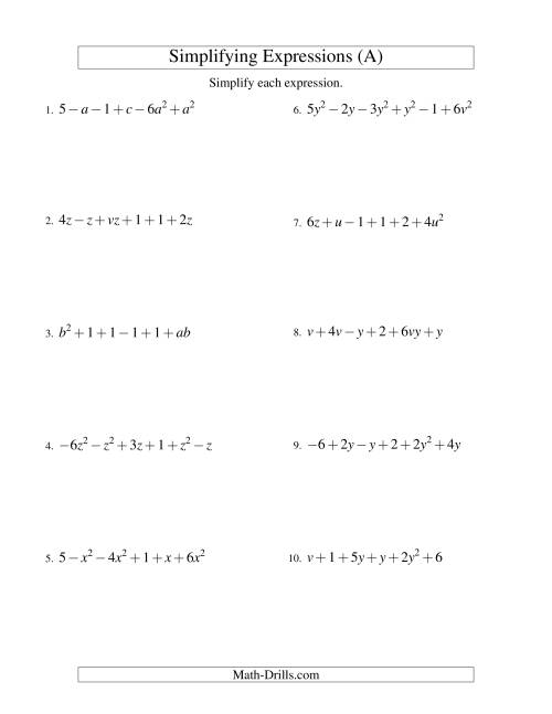 The Simplifying Algebraic Expressions with Two Variables and Six Terms (Addition and Subtraction) (A) Math Worksheet