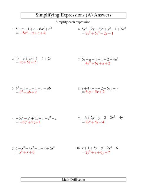 The Simplifying Algebraic Expressions with Two Variables and Six Terms (Addition and Subtraction) (A) Math Worksheet Page 2