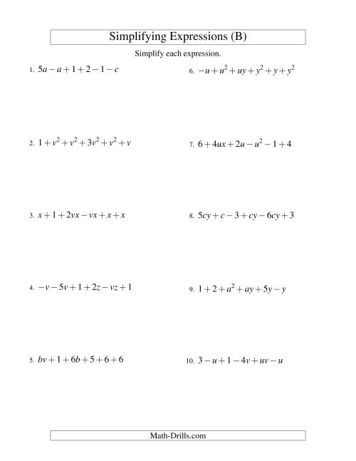 The Simplifying Algebraic Expressions with Two Variables and Six Terms (Addition and Subtraction) (B) Math Worksheet