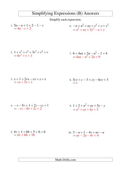 The Simplifying Algebraic Expressions with Two Variables and Six Terms (Addition and Subtraction) (B) Math Worksheet Page 2