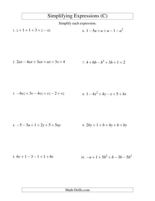 The Simplifying Algebraic Expressions with Two Variables and Six Terms (Addition and Subtraction) (C) Math Worksheet
