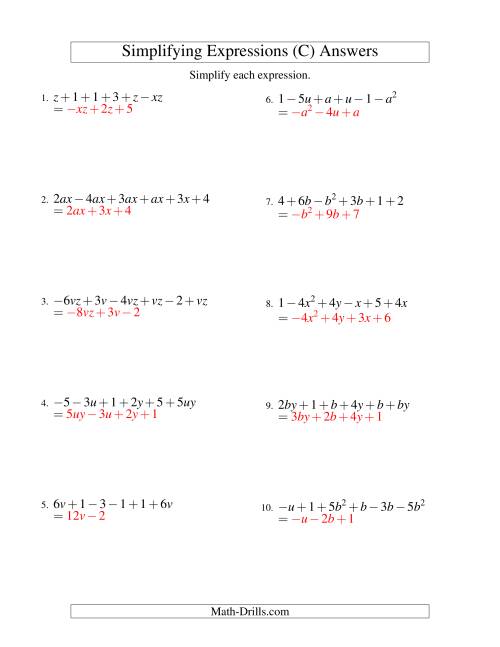 The Simplifying Algebraic Expressions with Two Variables and Six Terms (Addition and Subtraction) (C) Math Worksheet Page 2