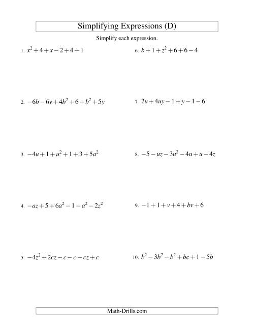 The Simplifying Algebraic Expressions with Two Variables and Six Terms (Addition and Subtraction) (D) Math Worksheet