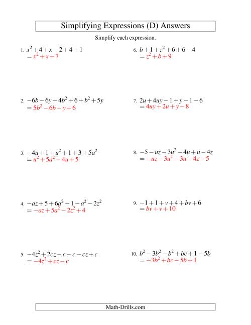 The Simplifying Algebraic Expressions with Two Variables and Six Terms (Addition and Subtraction) (D) Math Worksheet Page 2