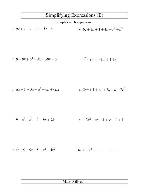 The Simplifying Algebraic Expressions with Two Variables and Six Terms (Addition and Subtraction) (E) Math Worksheet