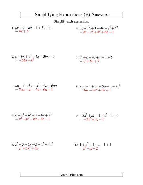 The Simplifying Algebraic Expressions with Two Variables and Six Terms (Addition and Subtraction) (E) Math Worksheet Page 2