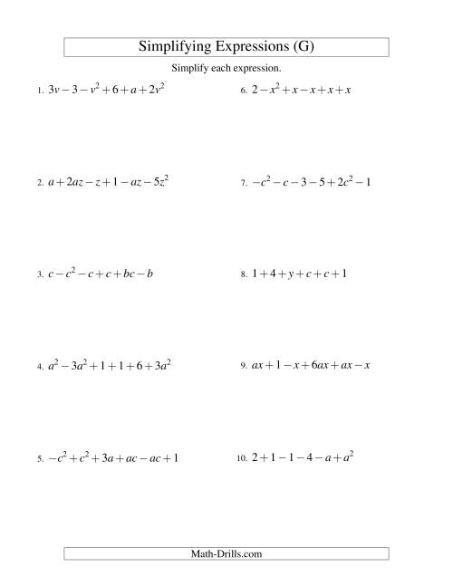 The Simplifying Algebraic Expressions with Two Variables and Six Terms (Addition and Subtraction) (G) Math Worksheet