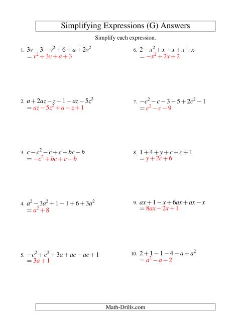 The Simplifying Algebraic Expressions with Two Variables and Six Terms (Addition and Subtraction) (G) Math Worksheet Page 2