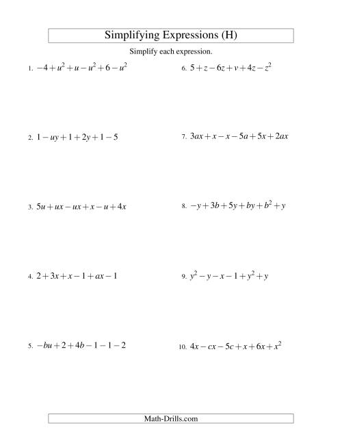 The Simplifying Algebraic Expressions with Two Variables and Six Terms (Addition and Subtraction) (H) Math Worksheet