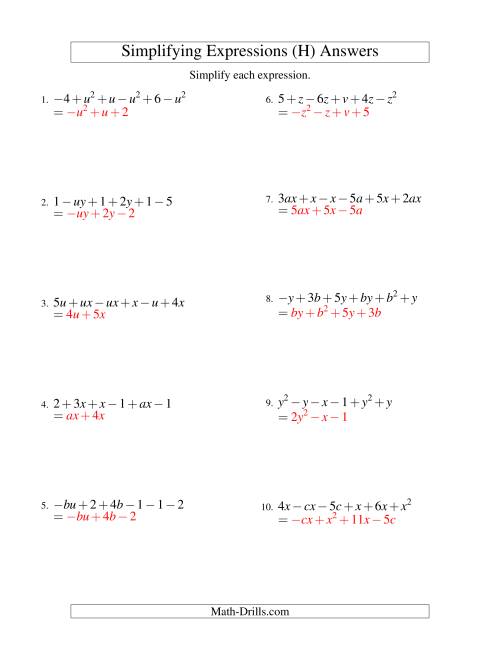The Simplifying Algebraic Expressions with Two Variables and Six Terms (Addition and Subtraction) (H) Math Worksheet Page 2