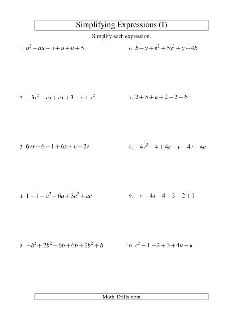 The Simplifying Algebraic Expressions with Two Variables and Six Terms (Addition and Subtraction) (I) Math Worksheet