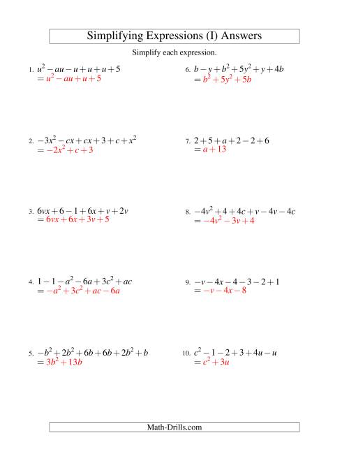 The Simplifying Algebraic Expressions with Two Variables and Six Terms (Addition and Subtraction) (I) Math Worksheet Page 2