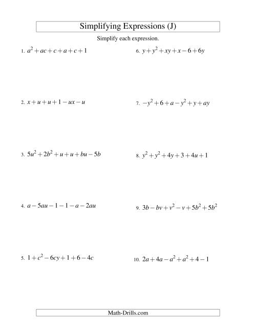 The Simplifying Algebraic Expressions with Two Variables and Six Terms (Addition and Subtraction) (J) Math Worksheet