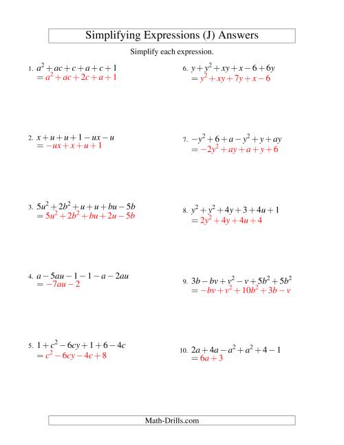 The Simplifying Algebraic Expressions with Two Variables and Six Terms (Addition and Subtraction) (J) Math Worksheet Page 2