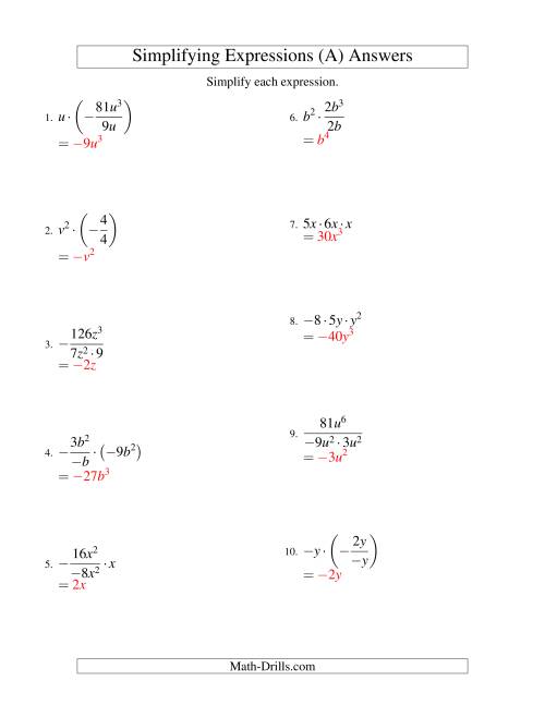 The Simplifying Algebraic Expressions with One Variable and Three Terms (Multiplication and Division) (A) Math Worksheet Page 2
