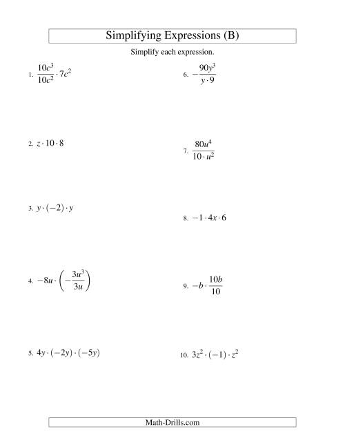 The Simplifying Algebraic Expressions with One Variable and Three Terms (Multiplication and Division) (B) Math Worksheet