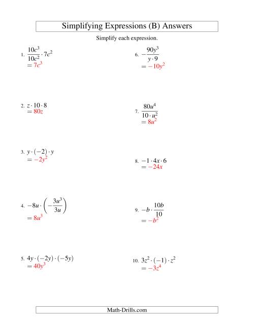 The Simplifying Algebraic Expressions with One Variable and Three Terms (Multiplication and Division) (B) Math Worksheet Page 2