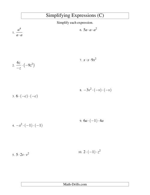 The Simplifying Algebraic Expressions with One Variable and Three Terms (Multiplication and Division) (C) Math Worksheet