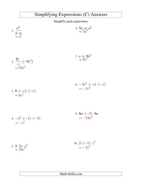 The Simplifying Algebraic Expressions with One Variable and Three Terms (Multiplication and Division) (C) Math Worksheet Page 2