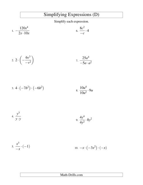 The Simplifying Algebraic Expressions with One Variable and Three Terms (Multiplication and Division) (D) Math Worksheet