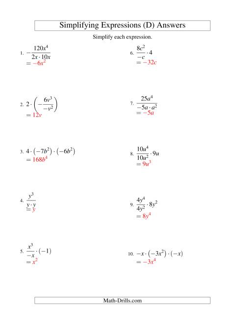 The Simplifying Algebraic Expressions with One Variable and Three Terms (Multiplication and Division) (D) Math Worksheet Page 2