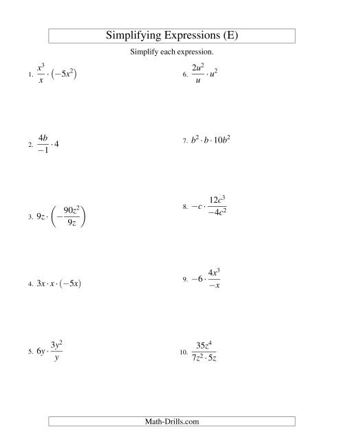 The Simplifying Algebraic Expressions with One Variable and Three Terms (Multiplication and Division) (E) Math Worksheet