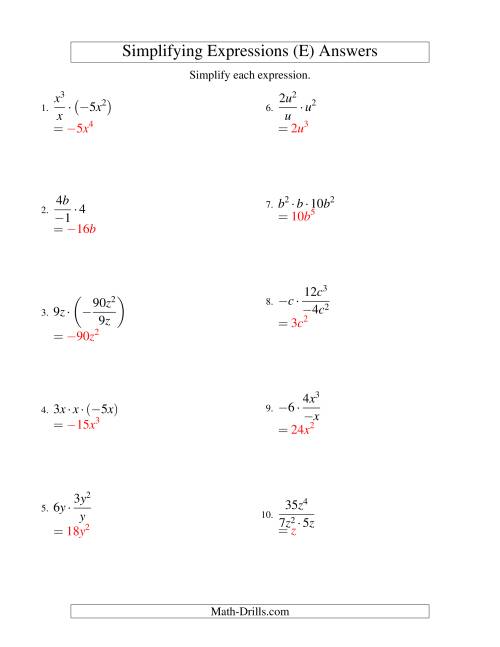 The Simplifying Algebraic Expressions with One Variable and Three Terms (Multiplication and Division) (E) Math Worksheet Page 2