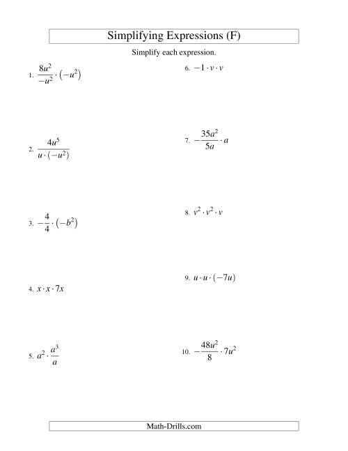 The Simplifying Algebraic Expressions with One Variable and Three Terms (Multiplication and Division) (F) Math Worksheet