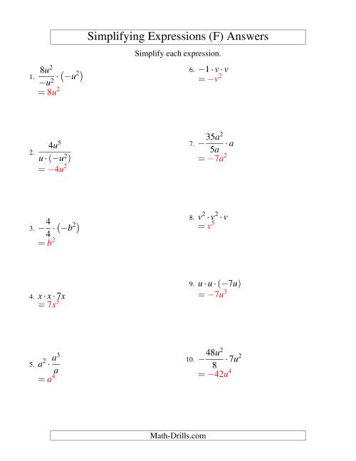 The Simplifying Algebraic Expressions with One Variable and Three Terms (Multiplication and Division) (F) Math Worksheet Page 2