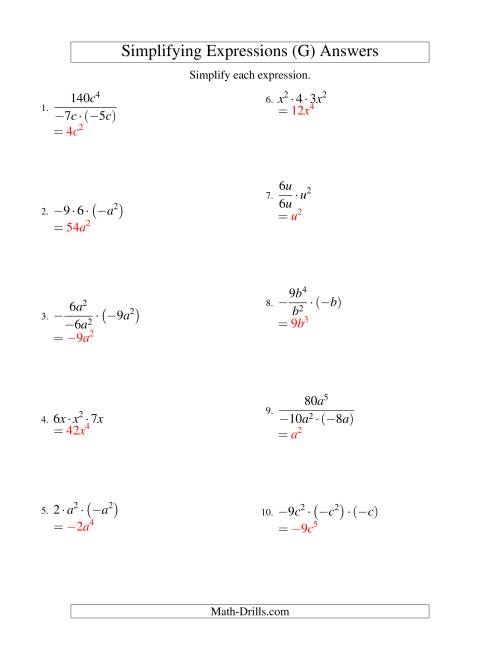 The Simplifying Algebraic Expressions with One Variable and Three Terms (Multiplication and Division) (G) Math Worksheet Page 2