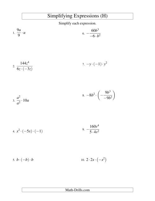 The Simplifying Algebraic Expressions with One Variable and Three Terms (Multiplication and Division) (H) Math Worksheet