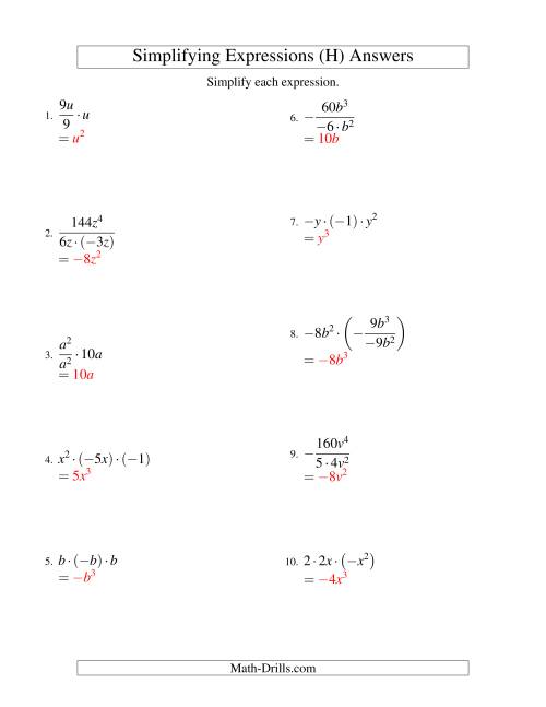 The Simplifying Algebraic Expressions with One Variable and Three Terms (Multiplication and Division) (H) Math Worksheet Page 2